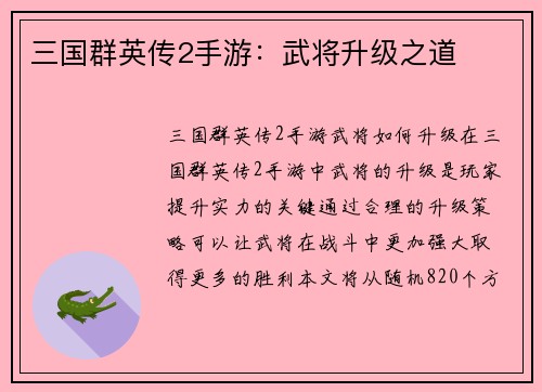 三国群英传2手游：武将升级之道